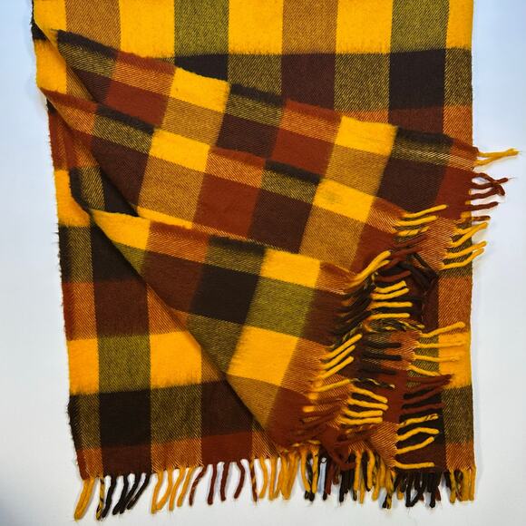 Vintage Faribo Wool Blend Plaid Fringed Throw Blanket in Orange, Brown and Gold - Picture 6 of 7